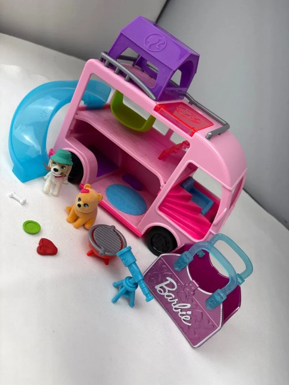 Barbie Pet Camper Playset w/ Accessories Figures Pink Slide Grill Pup Fun